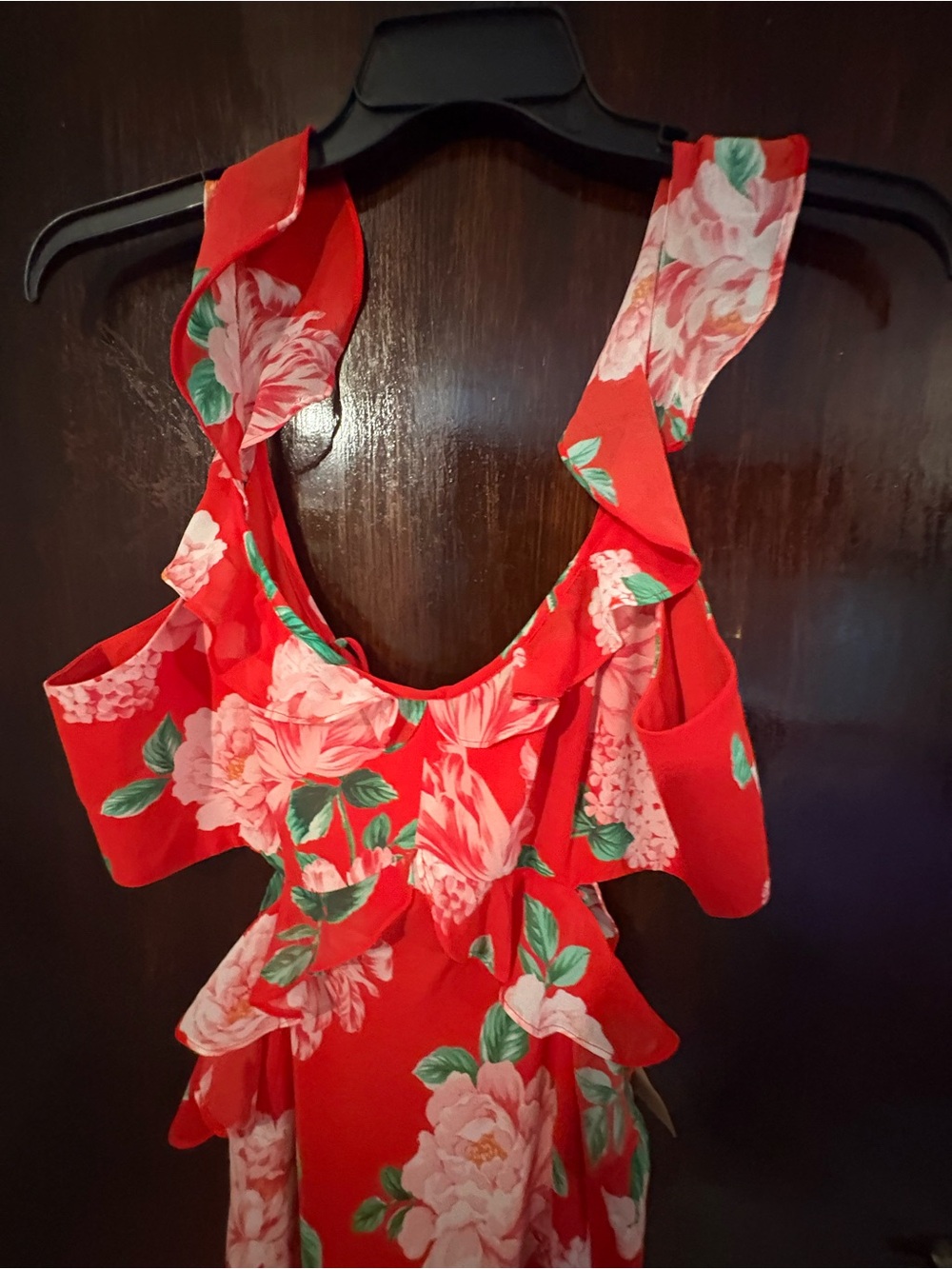 Ever New Red Floral High-Low Ruffle Maxi Dress. Size Large. - Picture 3 of 10